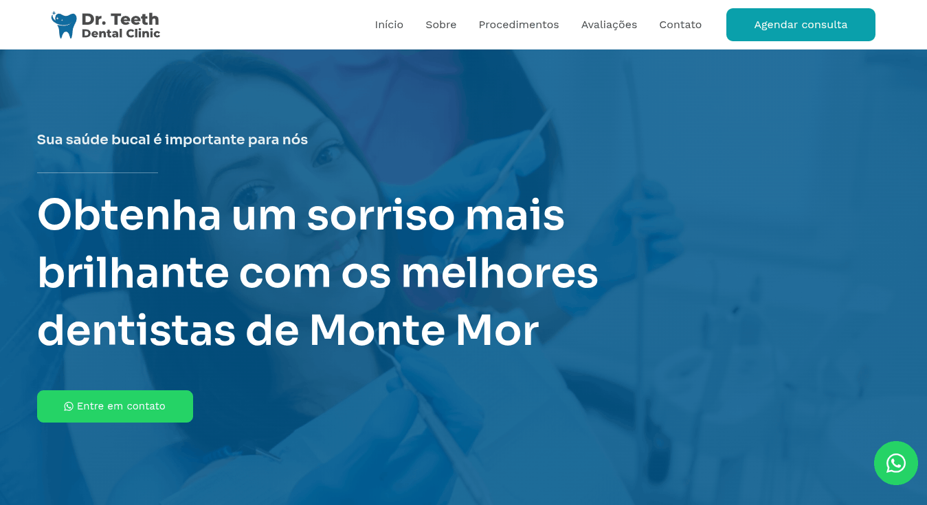 Este projeto apresenta um protótipo de landing page desenvolvido para a clínica "Saúde Odonto". O design tem como foco principal transmitir profissionalismo e confiança, estruturando de forma clara os tratamentos oferecidos, como implantes dentários, odontologia estética e branqueamento.